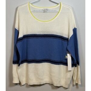 Tribal 3/4 Sleeve Crew Neck Sweater Cream Blue Stripe Knit Size XL